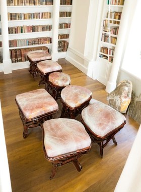 天然粉水晶原石根艺凳子摆件家居客厅玄关装饰品办公室桌面工艺品