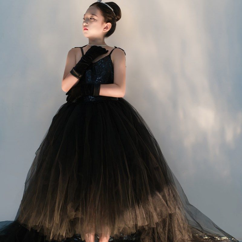 女童黑色公主裙模特走秀拖尾晚礼服洋气演出服影楼摄影模卡蓬蓬裙,淘宝优惠券,粉丝福利购,淘宝优惠卷