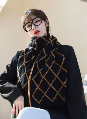 菱形格纹围巾女针织冬季日系复古学生双面毛线围脖加厚保暖百搭潮