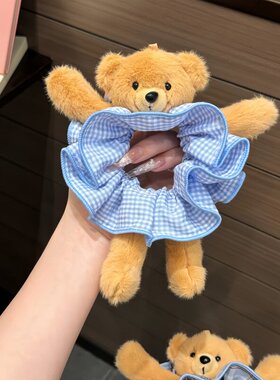 甜美毛绒小熊格纹女童大肠发圈