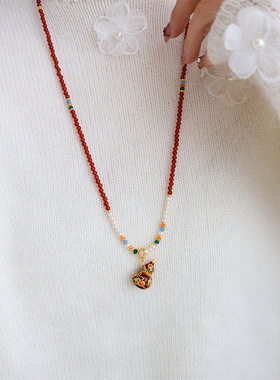 原创新中式红色葫芦天然石串珠项链女精致气质复古百搭长款毛衣链