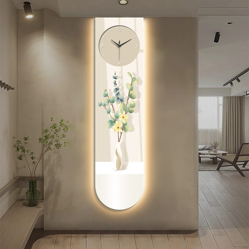精雕U形奶油风清新绿植装饰画带钟表窄长条LED暖光高级感挂壁灯画 - 图0