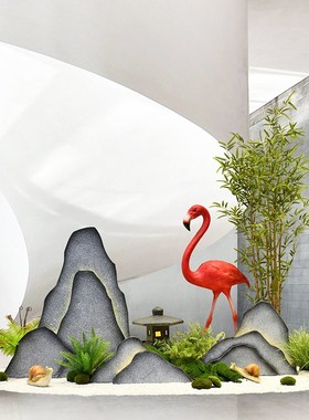 新中式玻璃钢雪浪石带灯枯木假山橱窗楼梯花园造景装饰品落地摆件