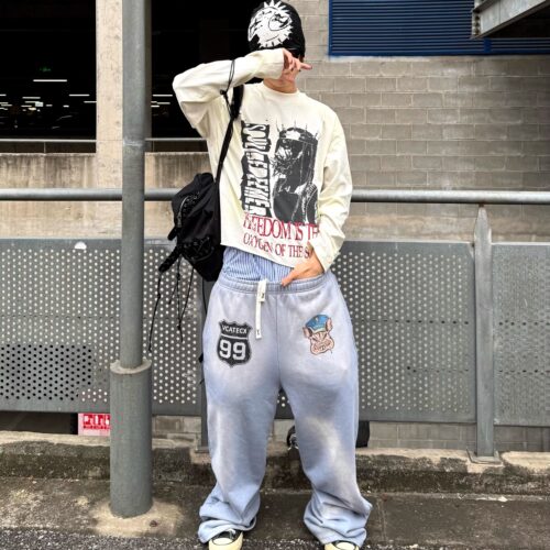Vcatecx重磅410g微喇直筒印花休闲裤做旧慵懒卫裤美式长裤男女潮 - 图0