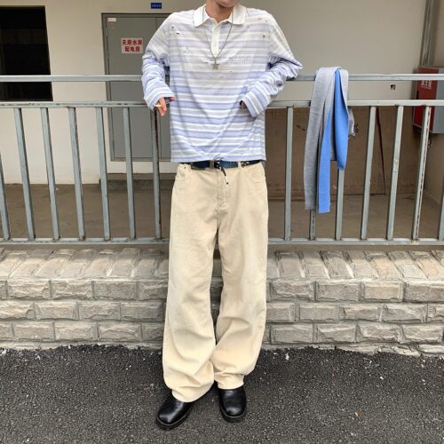 vcatecx杏色灯芯绒长裤男女休闲裤水洗宽松直筒秋冬卫裤子baggy潮 - 图1