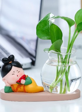可爱唐仕女水培摆件新中式客厅书房办公室桌面绿萝植物治愈系装饰