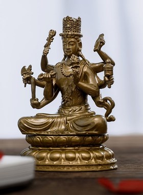 大随求菩萨摆件纯黄铜实心小随身佛像书镇纸精致书房茶空间装饰品