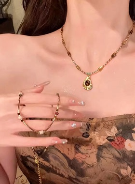 仿虎眼石吊坠串珠项链个性甜酷锁骨链女高级感复古美式颈链配饰