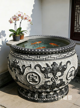 石雕鱼缸花盆庭院花园天然青石缸圆形荷花水槽流水造景彷古门海