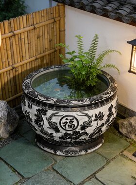 石雕鱼缸花盆天然青石荷花缸养鱼石头缸庭院造景水缸招财彷古门海