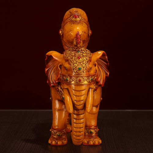 王师兄吉祥大象宝手工摆件摩尼宝居家佛堂送礼藏式象家S886M木纹 - 图0