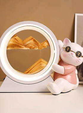 创意招财猫流沙画夜灯桌面沙漏摆件客厅玄关轻奢家居饰品乔迁礼物