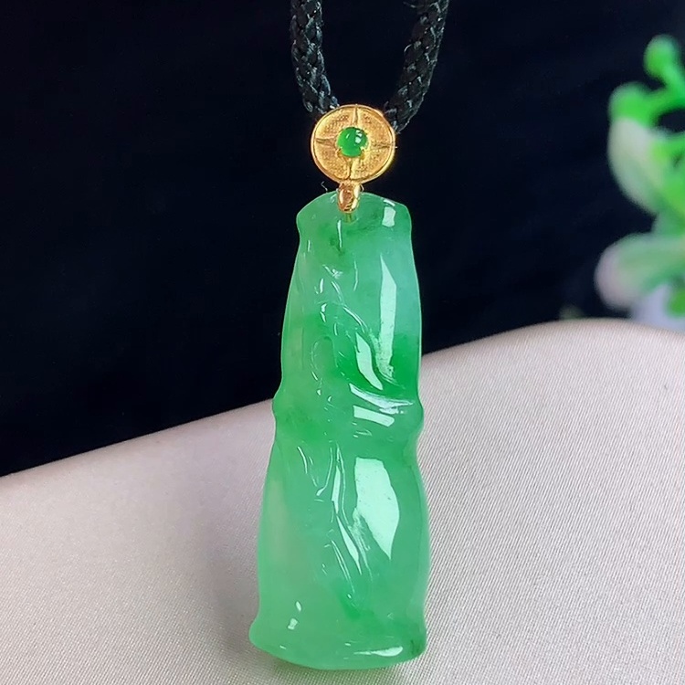 缅甸翡翠镶金玉吊坠天然玉石A货18K金镶嵌冰种飘绿礼物收藏1203 - 图0