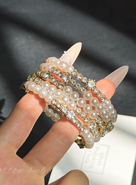 金色中古vintage珍珠镶钻手镯女