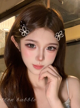 韩系水钻黑色波点花朵发夹头饰女
