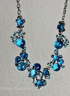 蓝色水晶锆石花朵项链夸张颈链女