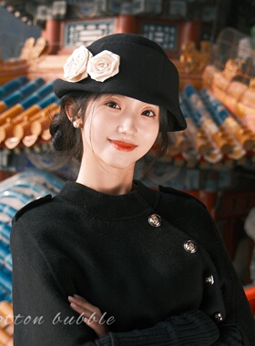法式赫本风黑色礼帽山茶花帽子