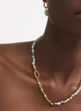 天然海蓝宝石项链欧美小众金色拼接手链真空铜镀金时尚气质串珠