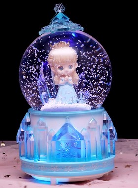 公主水晶球音乐盒旋转发光女孩卧室摆件飘雪八音盒儿童生日礼物女