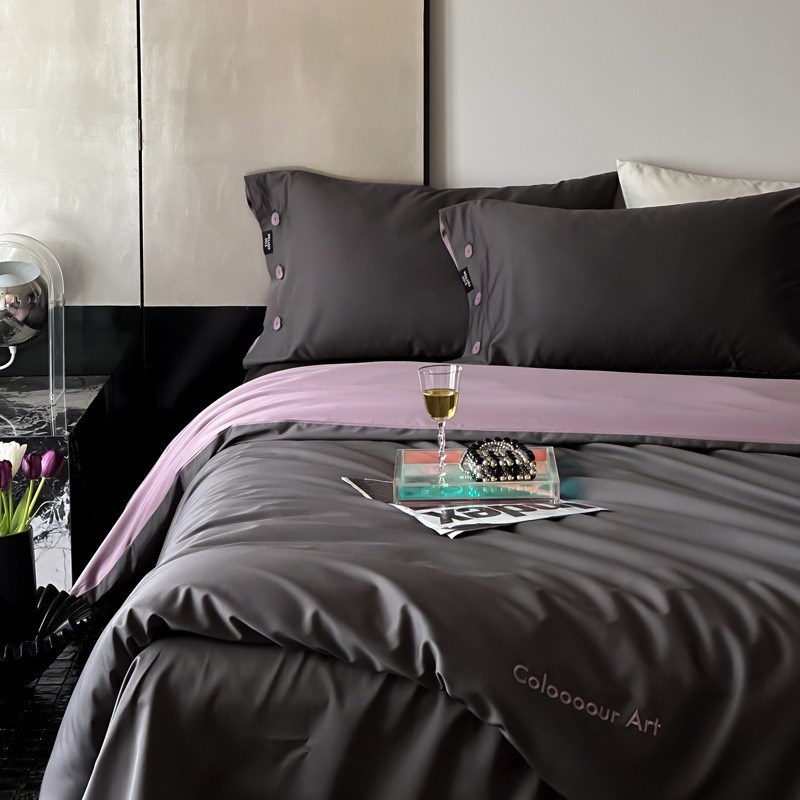 简约素色轻奢全棉100支贡缎长绒棉绣花四件套撞色双拼纽扣枕套1.8 - 图0