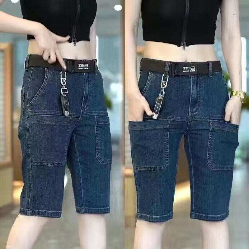 弹力牛仔短裤男夏季薄款六兜工装七分裤潮流百搭休闲耐磨中裤子 - 图1