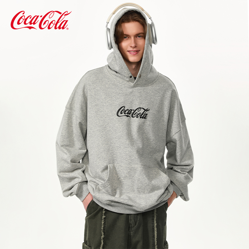 Coca-Cola/可口可乐青少年基础纯色字母发泡Logo印花落肩连帽卫衣