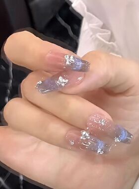 纯手工美甲冰岛极光蓝色