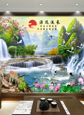 山水画自粘贴纸3d立体风景画客厅装饰画壁画墙贴纸背景墙流水生财