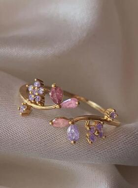 跨境热销INS风锆石开口可调节活口戒指女甜美可爱花朵气质戒指