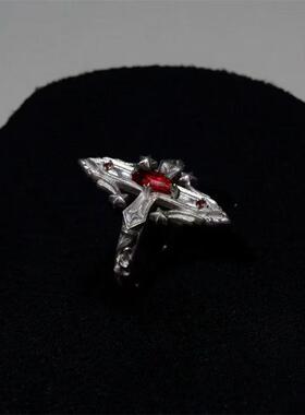 跨境简约几何形星星食指戒开口可调十字架菱形镶钻指环红宝石戒指