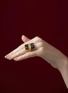 爆款~棕色方块戒指女独特设计法式复古夸张指环高级感轻奢