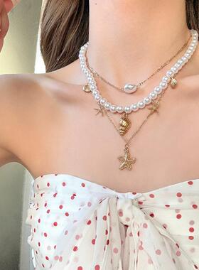 波西米亚风贝壳海星珍珠项链女轻奢高级感多层锁骨链海边度假颈链