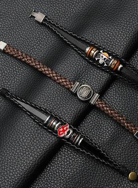 动漫周边配饰海贼王火影忍者进击的巨人编织牛皮手链多层对扣手环