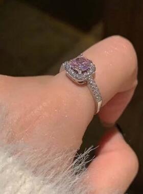 方糖粉色戒指~锆石镶钻高级感轻奢开口食指戒排钻爱心叠戴指环女