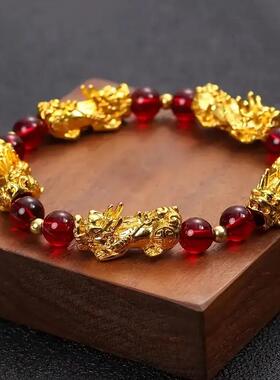 跨境合金镀金貔貅加绿红玛瑙精美情侣款手链男女款仿黄金手串