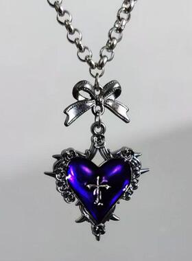 哥特朋克红黑爱心锁骨蝴蝶结十字架项链小众感ins风复古女生项链