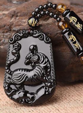 黑色玻璃十二生肖吊坠仿黑曜石男士时尚项链礼品饰品项链