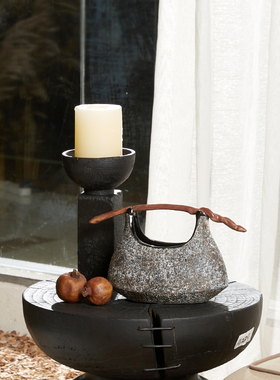 个性创意陶瓷提篮花瓶果盘花器客厅餐桌茶几炭烧木烛台摆件侘寂风