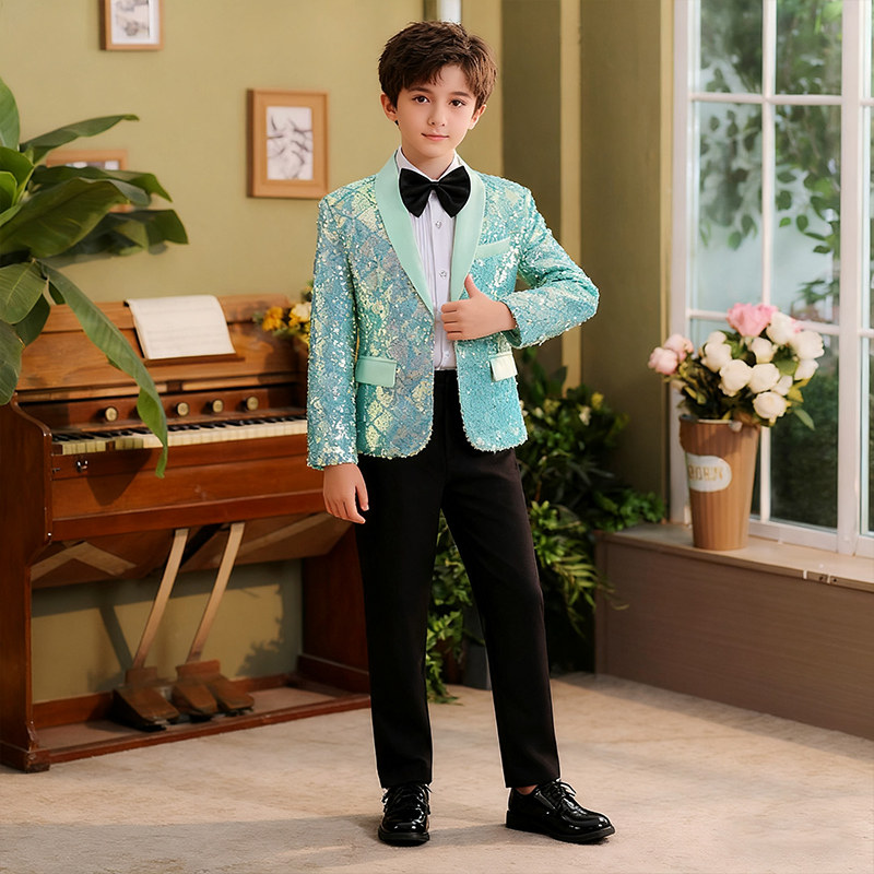男童舞台亮片演出服西装礼服套装孔雀蓝礼服儿童男表演西服马甲,淘宝优惠券,粉丝福利购,淘宝优惠卷