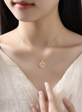 S925纯银白玉髓菊花平安扣项链女新中式高级感设计锁骨链送礼物