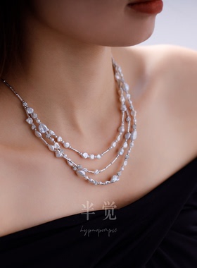半觉粉月梨花3号极光keshi原创设计氛围感三层S925银珍珠项链
