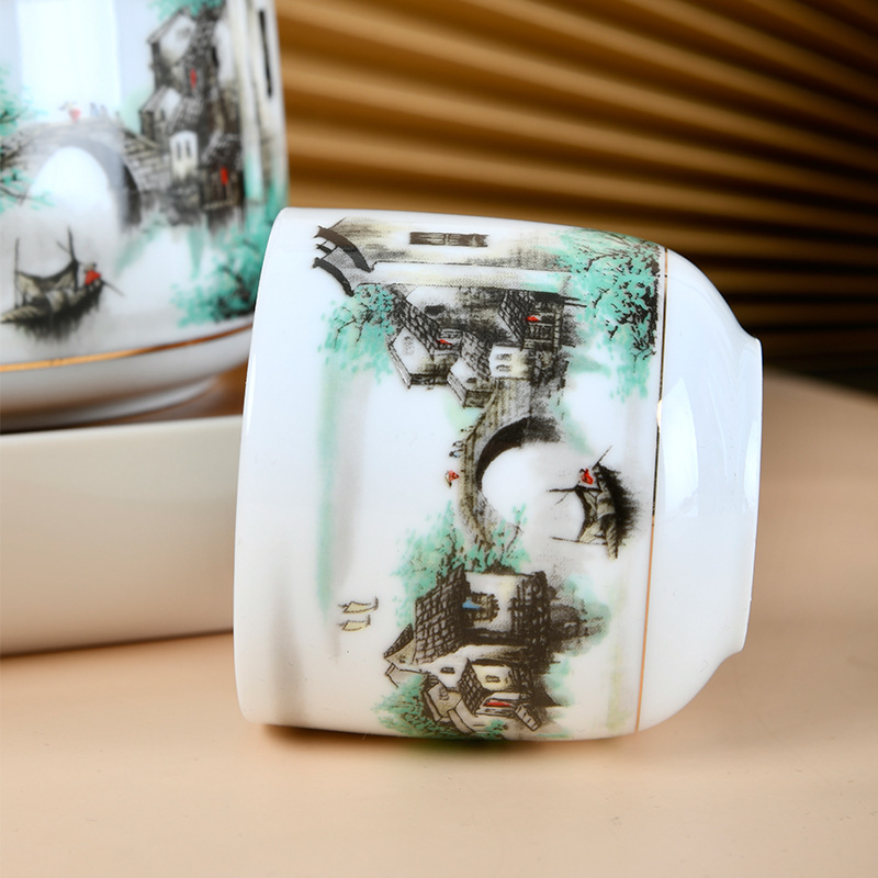 大师艺术高端陶瓷茶具大茶壶大水杯江南水墨画鹿鹤同春提梁壶套装