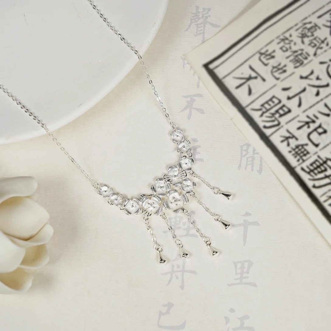 足银990花团锦簇项链手工精致高级流苏梅花女三生花锁骨链爆款