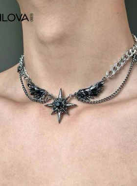 暗黑芒星宝石镶钻翅膀项链个性潮