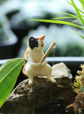 钓鱼小猫鱼缸钓鱼悬挂创意造景摆件桌面办公室迷你景观装饰包邮