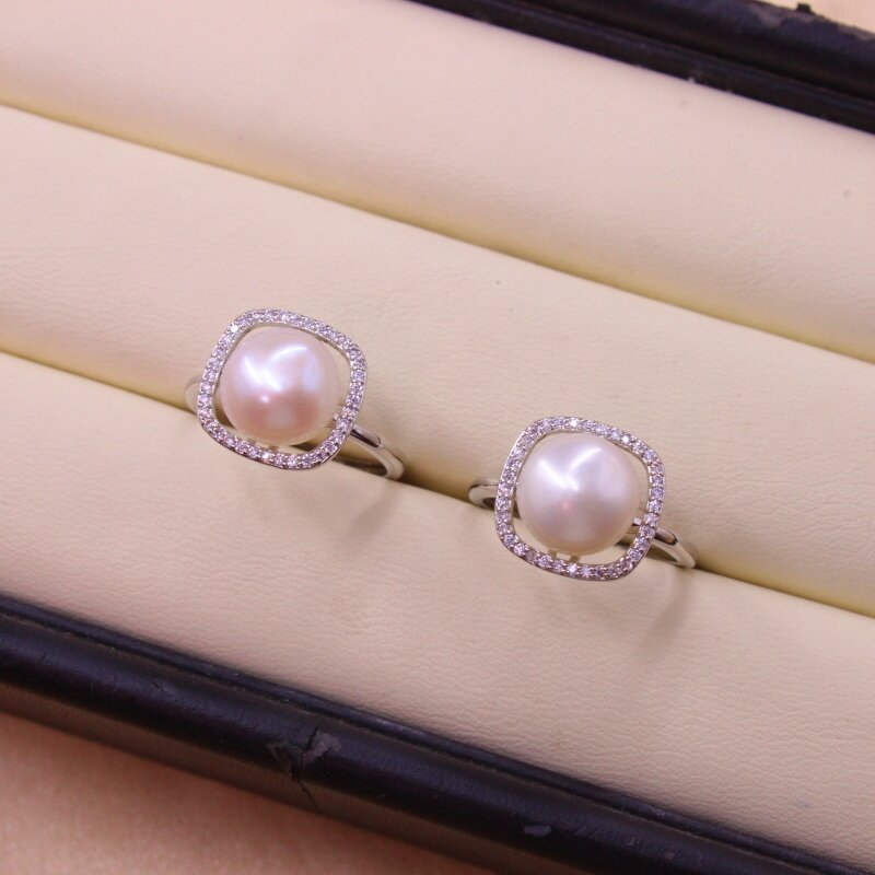 Freshwater pearl open ring 925 silver plated with diamonds