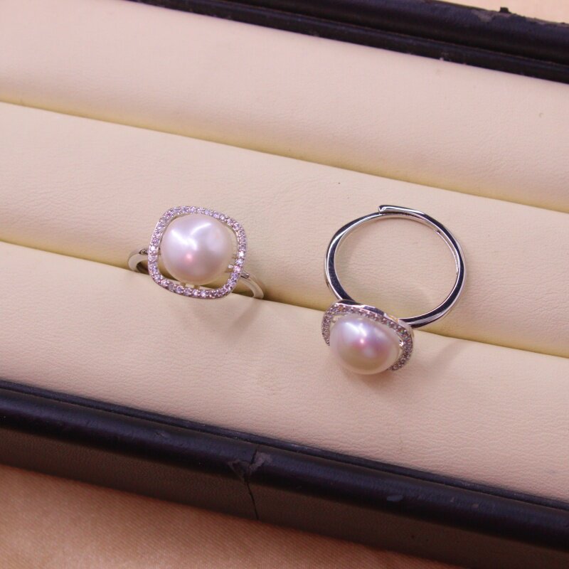 Freshwater pearl open ring 925 silver plated with diamonds