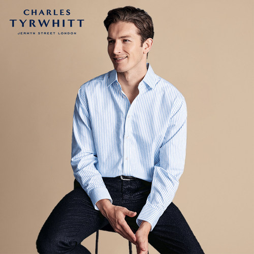 CHARLES TYRWHITT修身版型矢车菊蓝条纹免烫正装男士商务衬衫长袖 - 图0