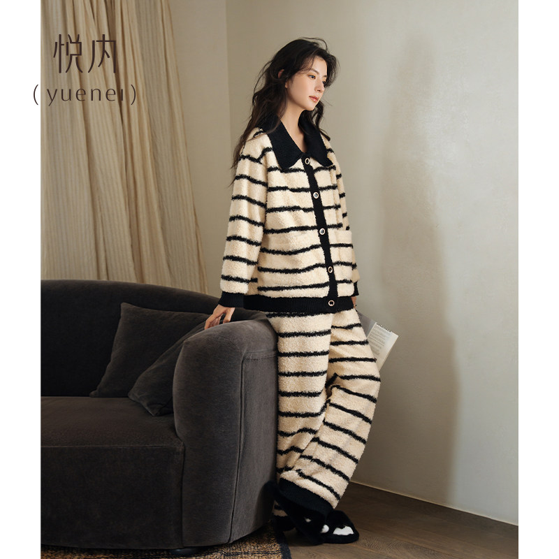 悦内半边绒睡衣女秋冬款冬季加绒加厚珊瑚绒家居服保暖条纹小香风,淘宝优惠券,粉丝福利购,淘宝优惠卷