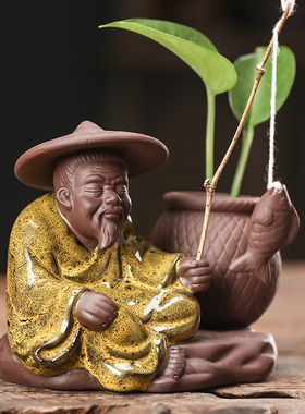 陶瓷老翁垂钓插花瓶水栽养植物办公桌面复古禅意绿萝迷你水培容器